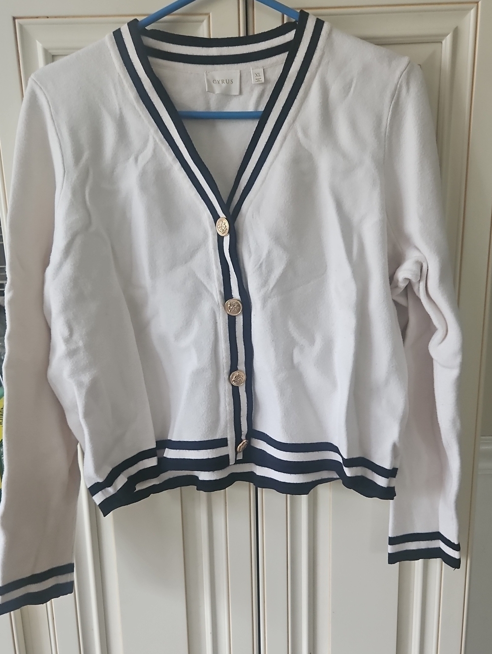 Cyrus White Cardigan with Navy Trim and Gold-Tone Buttons